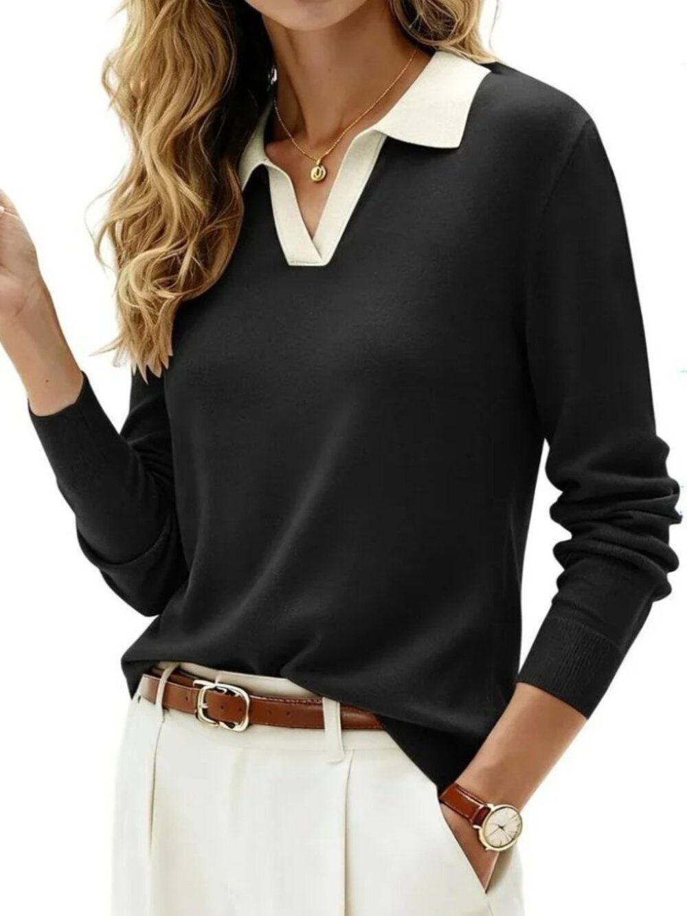 Kate Kasin Wool Blend Polo Long Sleeve Sweater S